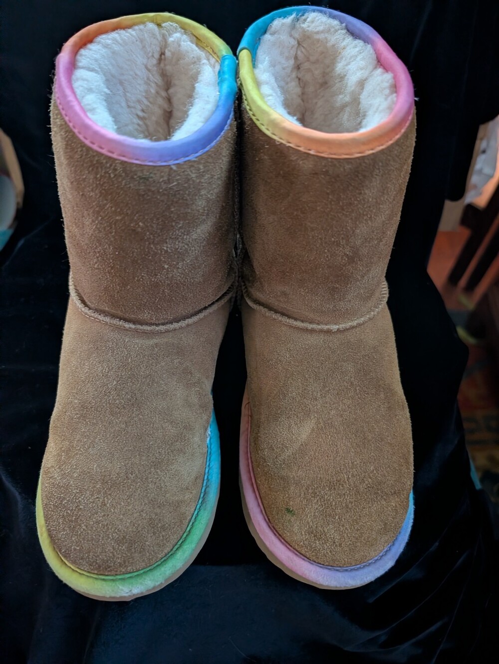 UGG Kids Brown Suede Boots with Rainbow Trim